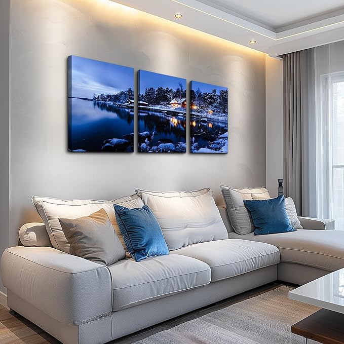 Snow in winter Wall Art for living room Canvas Prints Artwork bathroom Wall Decor Quiet blue lakes and villages painting 3 Pieces Framed bedroom wall decorations Office Home Decor