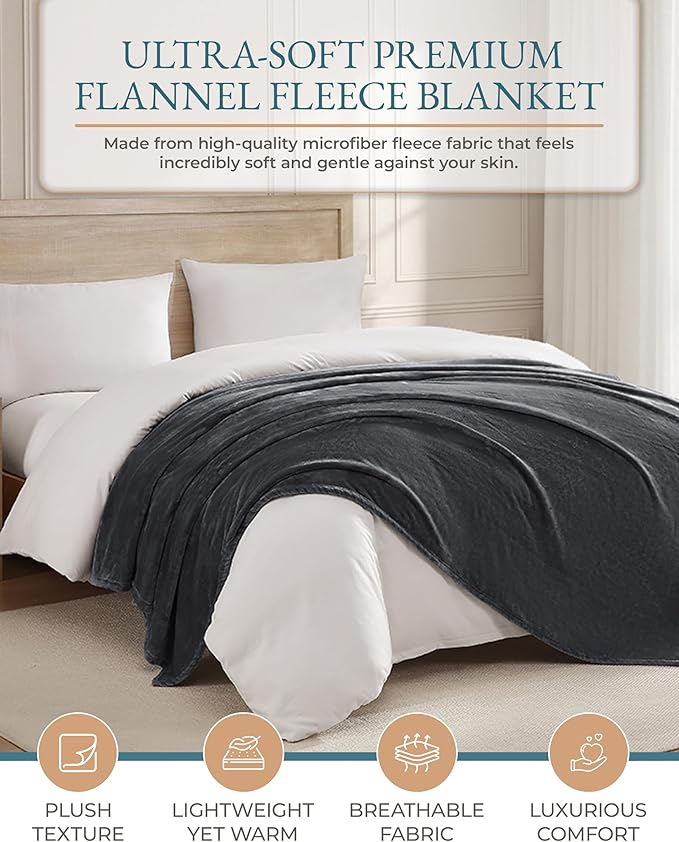 Casa Platino Throw Blanket for Couch – Soft Fleece Blanket 50x60 – Lightweight, Fluffy & Warm Flannel – All Season Sofa or Bed Use – Gift-Ready Packaging - Charcoal Grey