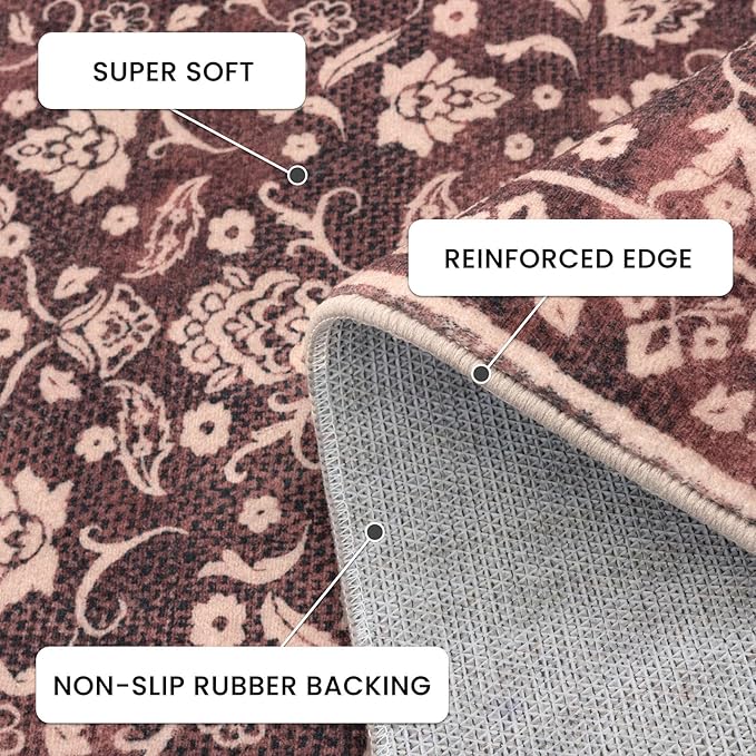 Vintage Washable 2x8 Runner Rug Non Slip, Burgundy Hallway Runner Rug, Super Soft Kitchen Runner Rug, Printed Faux Wool Thin Carpet Runner for Entryway Indoor Laundry Room Bedroom