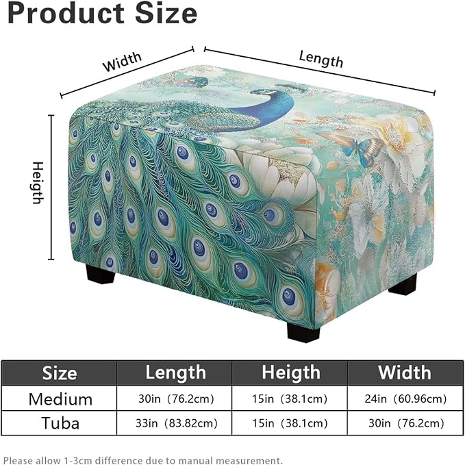 Small Ottoman Cover, Peacock Rectangle Chair Cover Polyester Spandex Furniture Protector with Elastic Bottom Foot Stool Slipcover for Country Living Room Decor
