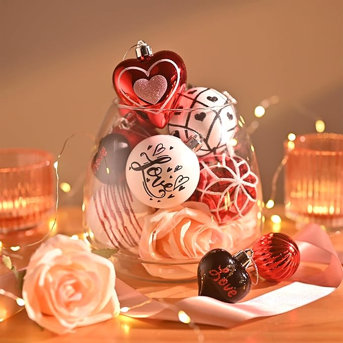 DecorbyHannah Valentines Day Christmas Tree Ornaments Decorations, 21ct Red Black Heart Shaped Ornaments Set for Tree, Valentine's Day Large Shatterproof Hanging Ball for Wedding Anniversary Party