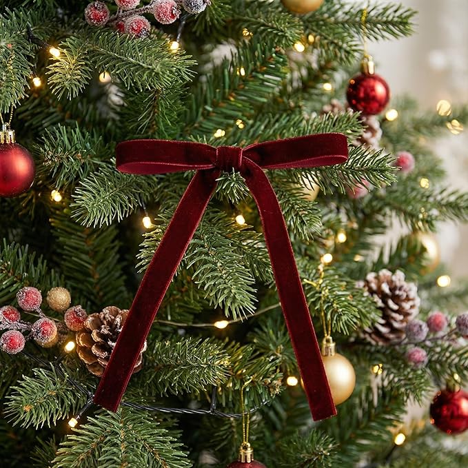 24 Pcs Burgundy Velvet Christmas Tree Bows Decor, Vintage Wreath Bow for Christmas Garland, Gift Wrapping, Xmas Tree, 3/8'' Wide, 5 * 7 inch