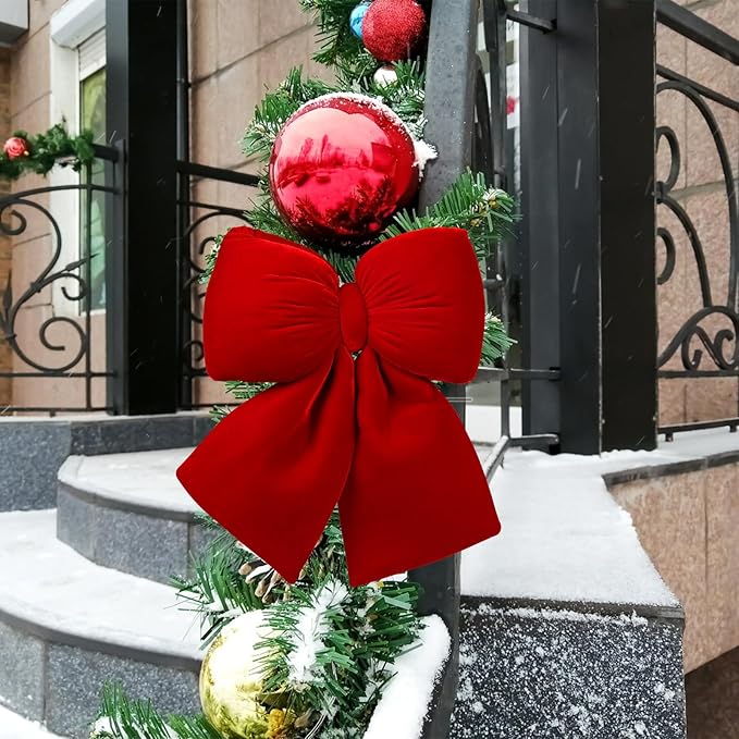 Red Velvet Large Bow Decorations, 2PCS Valentine's Day Christmas Tree Topper Bows Decor, for Home Wreaths Stairs Railing Holiday Wedding Xmas Indoor Outdoor