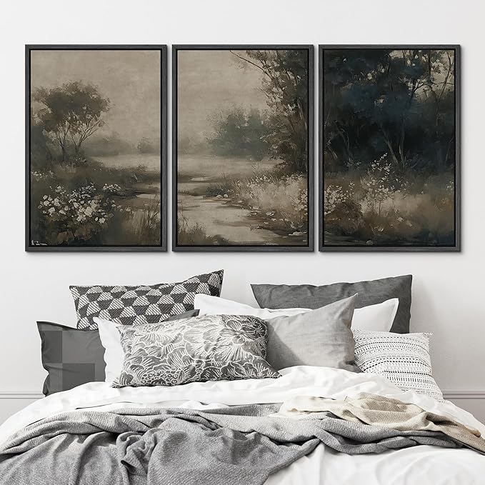 MUDECOR Framed Wall Art Print Set Vintage Landscape Subtle Forest and River in Earthy Tones Illustrations Modern Art Boho Decorative Colorful Chic for Living Room, Bedroom, Office - 16"x24"x3 Black