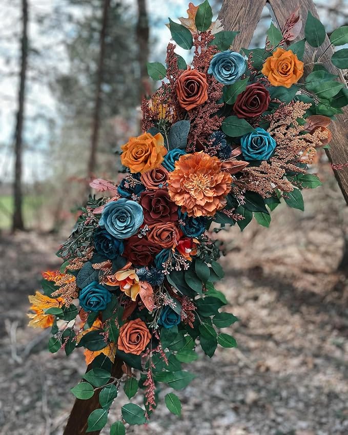 Roses Artificial Flowers Bouquet Box Set Fake Flower for DIY Bridal Wedding Shower Decorations Centerpieces for Table Faux Silk Floral Arrangement for Party Home Decor Indoor Teal Orange