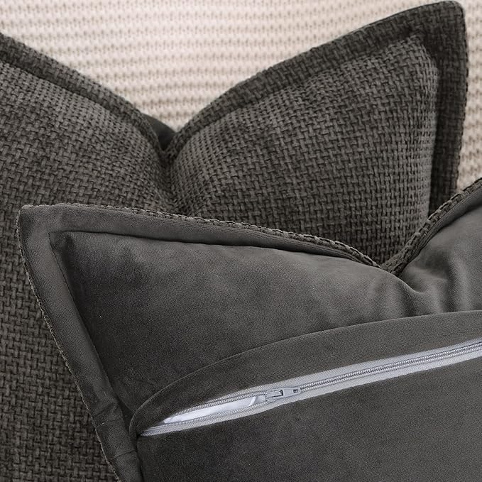 MADIZZ Chenille Velvet Throw Pillow Covers with Flange Set of 2 Super Soft Boho Textured Pillow Covers Decorative Throw Pillowcases Modern Farmhouse Home Decor for Sofa Bedroom Dark Taupe 12x20 Inch