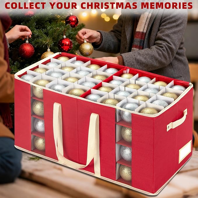 JY COOKMENT Christmas Ornament Storage Box with Adjustable Dividers, Large Holiday Ornaments Storage Container Bin with Zippered Top for Xmas Decorations (128-3" Balls, Red, Without Tray)