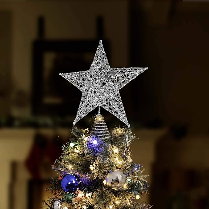 Ornativity Silver Star Tree Topper - Christmas Silver Glitter Sparkle Star Ornament Holiday Decor Top Toppers Xmas Decoration 9"