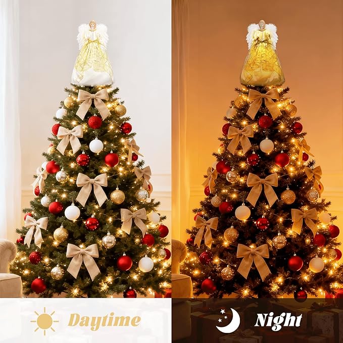 16 Inch Angel Tree Topper, Large Christmas Tree Topper Angel with Lights Decorations Battery-Powered Angel Ornaments for Christmas Tree with Feather Wings Xmas Tree Toppers Indoor Decorations-Gold
