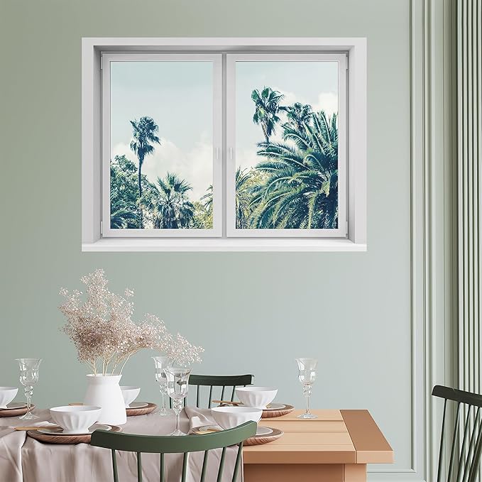 SIGNWIN Removable Wall Sticker/Wall Mural Window Serene Palm Trees Against Blue Sky Photography Realism Decorative Landscape Digital Art for Living Room, Bedroom, Office - 24"x32"