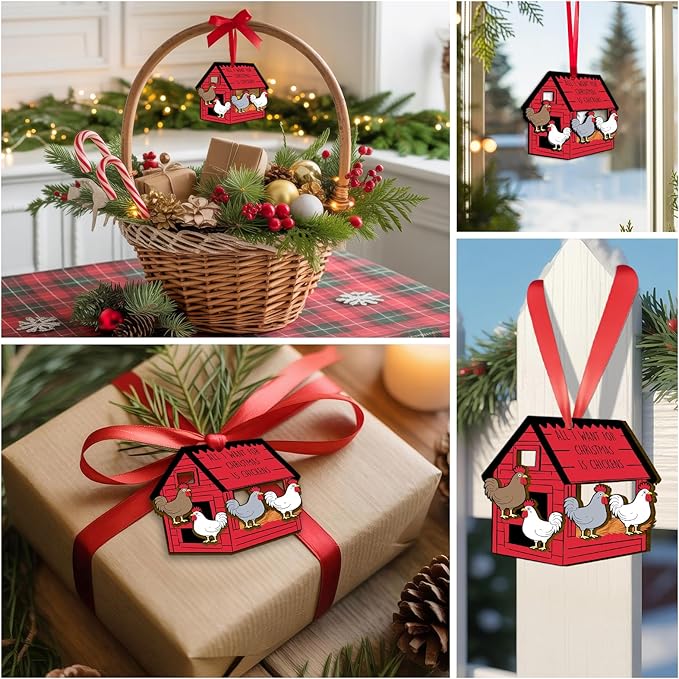 Chicken Ornament for Christmas Tree, Wooden Coop Farm Decor, All I Want for Christmas is Chickens Wooden Farmhouse Gift for Farm Lovers 2025