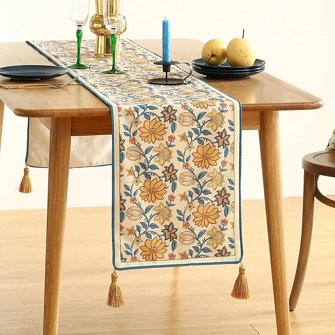 ISAENNE Designer Bohemian Elegant Linen Table Runner 71 Inches Long,Floral Pattern Duable Decor Table Runners for Dining Tables,Thanksgiving,Kitchen Tables,Christmas,12"*71"-Estevan B