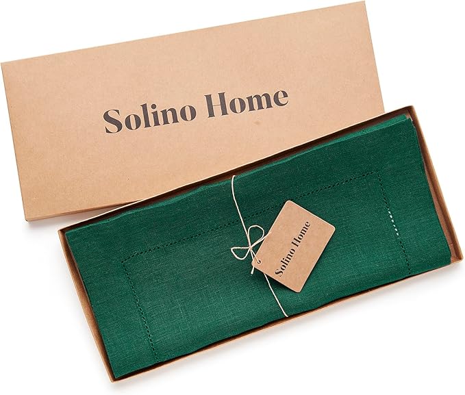 Solino Home Linen Rainforest Green Hemstitch Table Runner 36 Inches - 100% Pure Linen Small Table Runner 14 x 36 Inch Ideal for Dresser and Coffee Tables, St Patricks Day - Classic Hemstitch