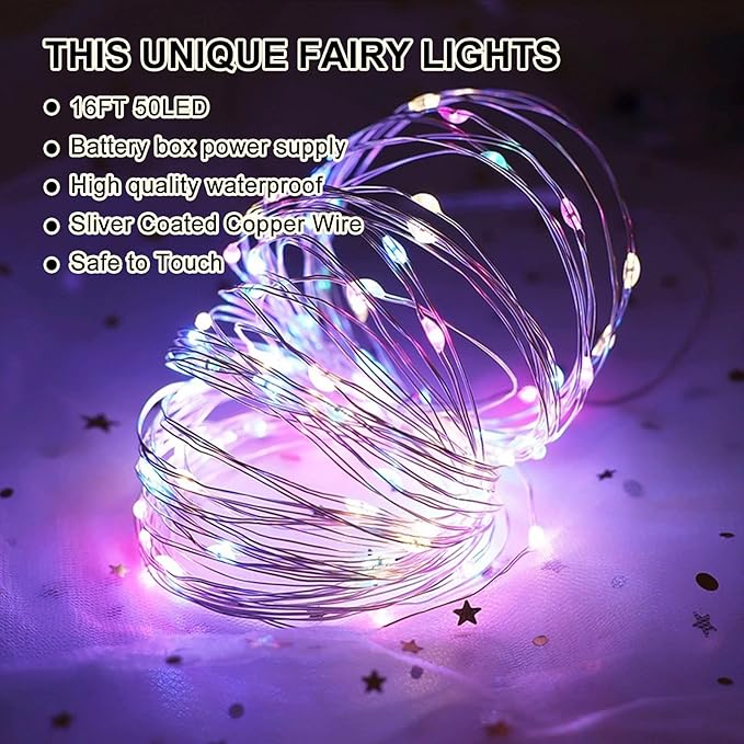 Multicolor Fairy Lights Battery Operated (Included), 8 Modes & Auto Timer, 2 Packs 5m 50Led Mini Twinkle Silver Wire Firefly Starry Lights, Waterproof Battery Operated Lights for Bottle