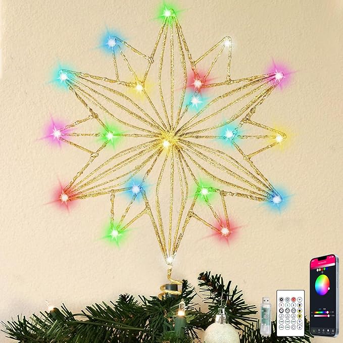 Christmas Tree Star Topper, RGB 8In Glittered Star Tree Topper Light with 20 LED Lights, Hollow Designed with USB Plug for Indoor New Year Holiday Tree Decoration