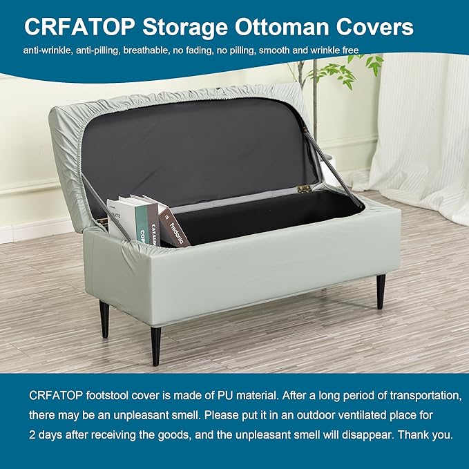 CRFATOP Waterproof PU Ottoman Stool Cover Stretch Folding Storage Footstool Bench Slipcovers Upholstered Foot Chest Chair Covers Washable Entryway Furniture Protector with Elastic Bands,S,Light Grey