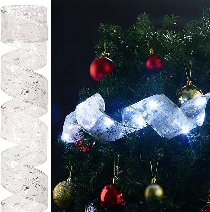 Christmas Decorations - 2.5Inch x 66Ft 200 Led Christmas Tree Ribbon Lights with 8 Lighting Modes, Battery Operated & USB Powered Fairy String Lights with Timer for Xmas Tree Decor