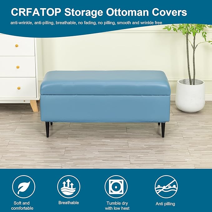 CRFATOP Waterproof PU Ottoman Stool Cover Stretch Folding Storage Footstool Bench Slipcovers Upholstered Foot Chest Chair Covers Washable Entryway Furniture Protector with Elastic Bands,M,Blue
