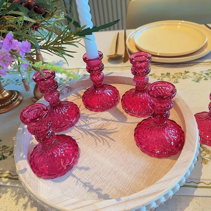 Glass Candlestick Holder,Striped Taper Candle Holders,Set of 6 Candle Stand for Table Centerpieces, Home Decor,Weddings,Festival and Parties (GCH002-Purple Dimond)