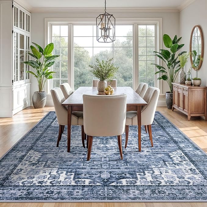 9x12 Oriental Area Rug Blue, Vintage Floral Large Washable Printed Rug for Living Room Non-Slip Ultra Soft Bedroom Rug Tribal Traditional Farmhouse Carpet for Dining Room Office Home Décor