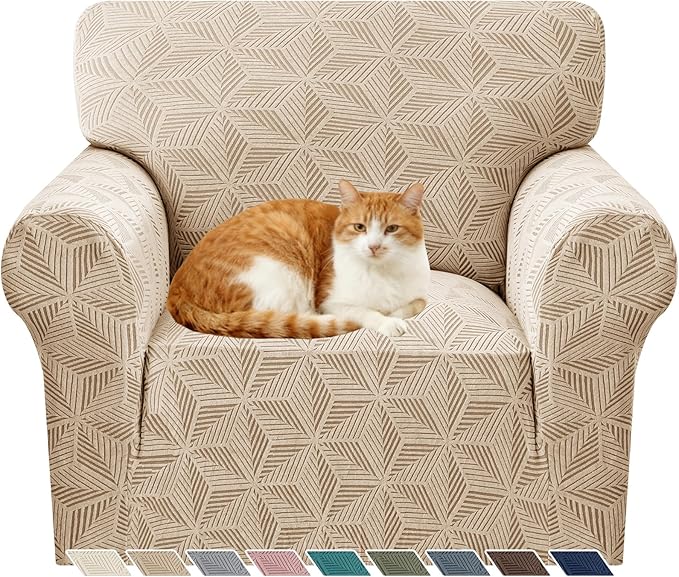 YEMYHOM 1 Piece Stretch Chair Sofa Slipcovers Couch Covers for 1 Seat, Jacquard Armchair Covers with Non-Slip Elastic Bottom, Thickened Furniture Protector for Dogs Pets kids (Small, Khaki）