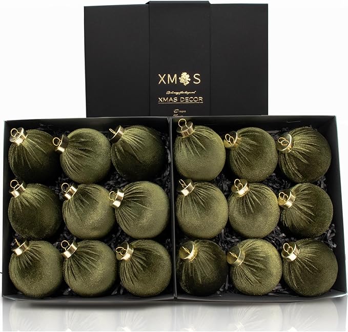 18PCS Green Velvet Christmas Ornaments Set – Large Flocked Shatterproof Baubles for Xmas Tree Decoration, Hanging Ornaments for Holiday & Home Décor (Green, 3 Inch / 8 cm)