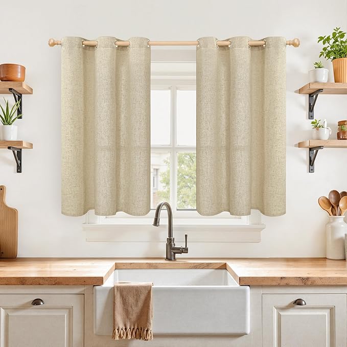 YoungsTex Burlap Linen Curtains 40 Inch Length for Kitchen Window, Short Light Filtering Drapes with Grommet Semi Sheer Privacy for Cafe Bathroom Window, 42 X 40 Inch