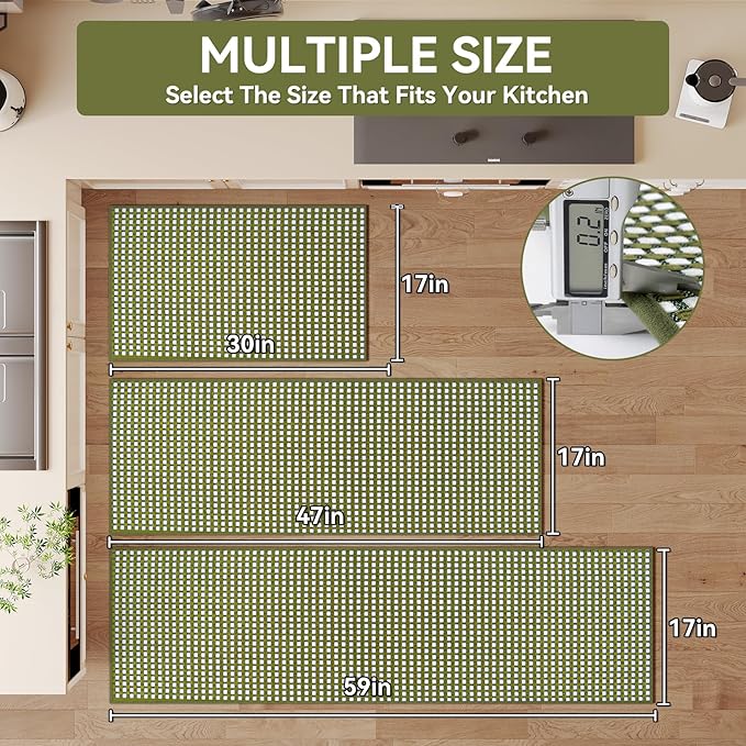 Kitchen Mats for Floor, Super Absorbent Kitchen Rugs Non Slip Washable, Rubber Backing Soft Chenille Braided Kitchen Runner Rug Standing Mat Sink Mat, Easy to Clean, Green 17"x30"