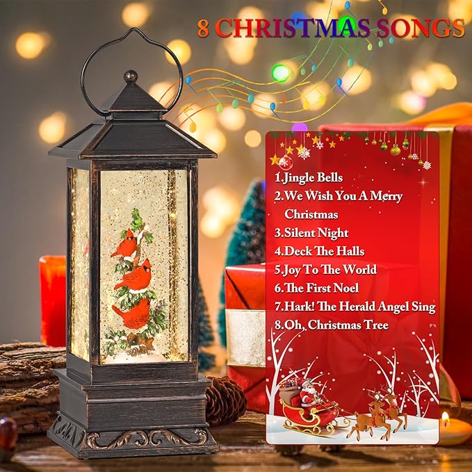 Cardinal Snow Globe, 12 Inch Musical Snow Globe Lantern, Lighted Christmas Snow Globes with Swirling Glitter, USB and Battery Operated Lantern for Home Decor, Christmas Decoration