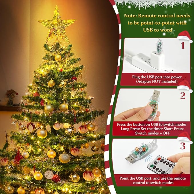 Gold Christmas Tree Star Topper with Lights, 8.5-Inch Light-Up Christmas Tree Topper with Remote Control, 4 Brightness Levels & 8 Light Modes, Faux Mercury Glitter Design with 20 Lights