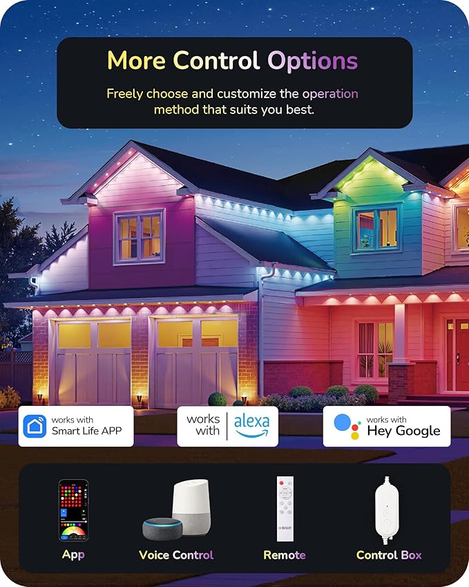 EDISHINE 120ft Smart Permanent Outdoor Eave Lights, 80 LED RGB+IC+Warm/Cool White Christmas Light, App & Remote Control, 50 Scene Modes IP67 Waterproof for House Year-Round Decor, Alexa Google Enable
