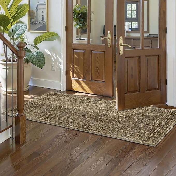 2x6 Runner Rug for Hallways Vintage Distressed Non Slip Long Carpet Floral Boho Distress Print Pattern Mat Lightweight Retro Accent Throw Carpet for Kitchen Bedroom Bedside Laundry Room-Brown ﻿