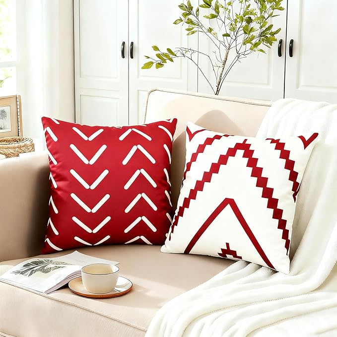 Decorative Throw Pillow Covers 16x16 inch Set of 4 Wine Red Pillow Covers for Couch Sofa Bed Living Room,Farmhouse Outdoor Throw Pillow Cover,Modern Geometric Linen Square Throw Pillow Cases