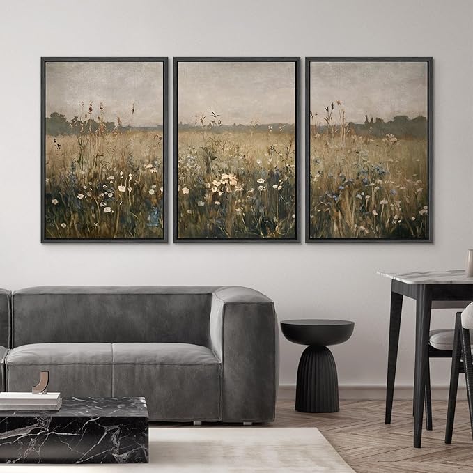 SIGNWIN Framed Canvas Print Wall Art Set Wildflower Meadow Rustic Floral Field Landscape Illustrations Modern Art Decorative Rustic Calm/Zen for Living Room, Bedroom, Office - 24"x36"x3 Black