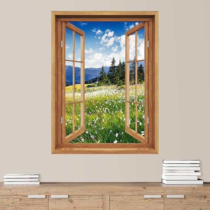 SIGNWIN Removable Wall Sticker/Wall Mural Window View Countryside Daisy Flower Field Nature Wilderness Photography Realism Decorative Landscape Digital Art for Living Room, Bedroom, Office - 36"x48"
