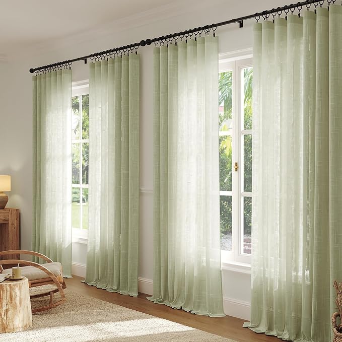 Anmao Natural Linen Curtains for Living Room 102 Inch Length 2 Panels Set, Light Filtering Semi Sheer Window Curtain Drapes for Bedroom with Curtain Rings and Clips, 52 Inch Wide Each Panel, Sage