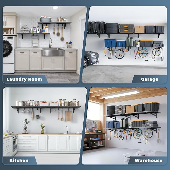 2-Pack 2x4ft Garage Shelving Wall Mounted, 2' x 4' Heavy Duty Garage Storage Shelves with Hooks, 500LB Capacity