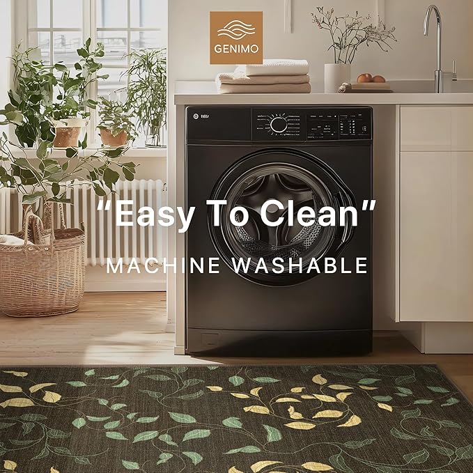 GENIMO Machine Washable 8x10 Area Rugs for Living Room, Non Slip Vintage Rugs, Low Pile Lightweight Chenille Print Rug for Bedroom, Dining Room, Home Office, Dark Leaf Print