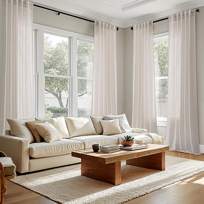 Cream White Sheer Linen Curtains 63 inches Long 2 Panels for Living Room Bedroom Back Tab Pocket Light Filtering Airy Curtains Natural Colored Cotton Textured Modern Farmhouse Aesthetic Decor 37x63
