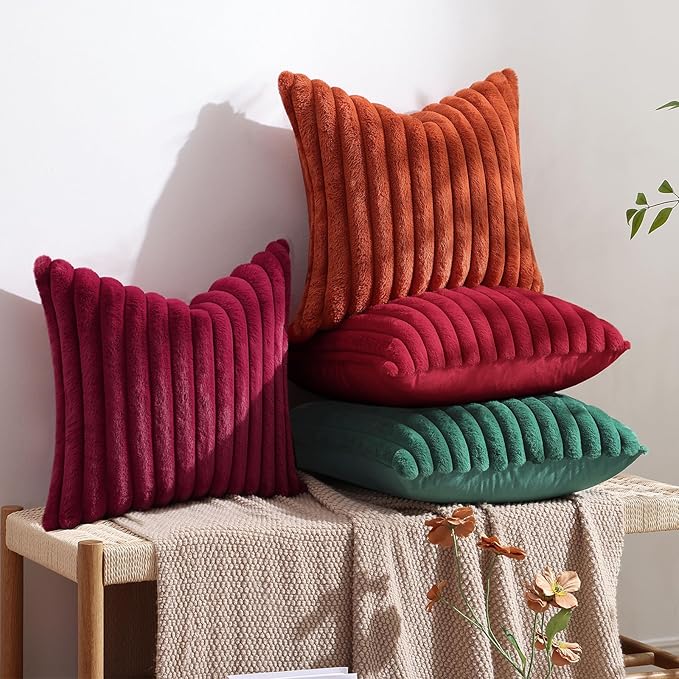 decorUhome Faux Fur Christmas Throw Pillow Covers 18x18 Set of 2, Decorative Soft Plush Striped Neutral Couch Euro Pillow Covers with Velvet Back for Sofa, Bed, Living Room Home Decor, Red