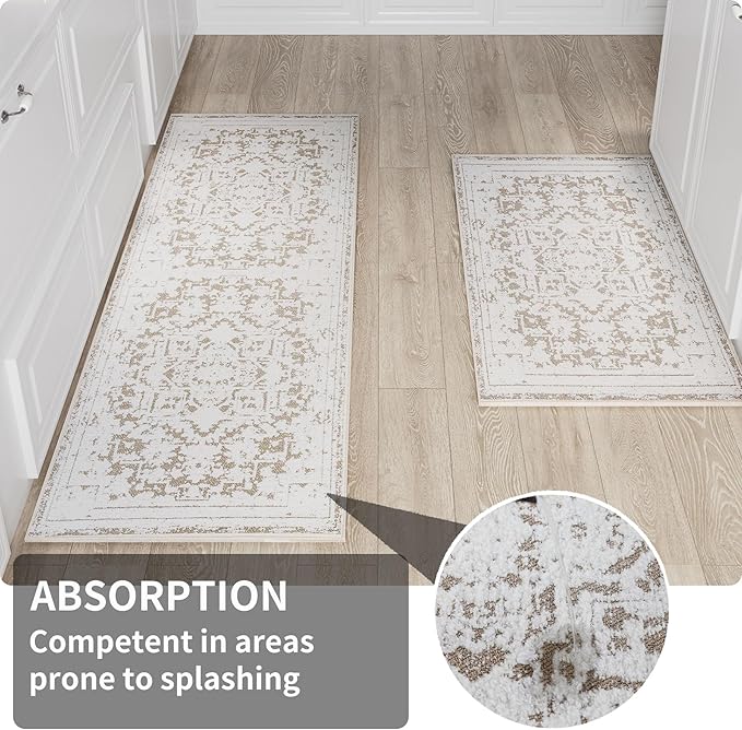 Vintage Runner Rug Non Slip for Hallway Bathroom Kitchen 2x8 ft, Ultra Soft Boho Carpet Runner with Low Pile Design Machine Washable Runner Rugs for Entryway Laundry Living Room (Khaki)