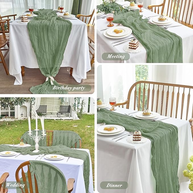IVAPUPU 10 Pcs Cheesecloth Table Runner - 10ft Sage Green Boho Gauze Cheese Cloth Table Runners for Baby Shower Decoration Wedding Party Summer Garden Farmhouse