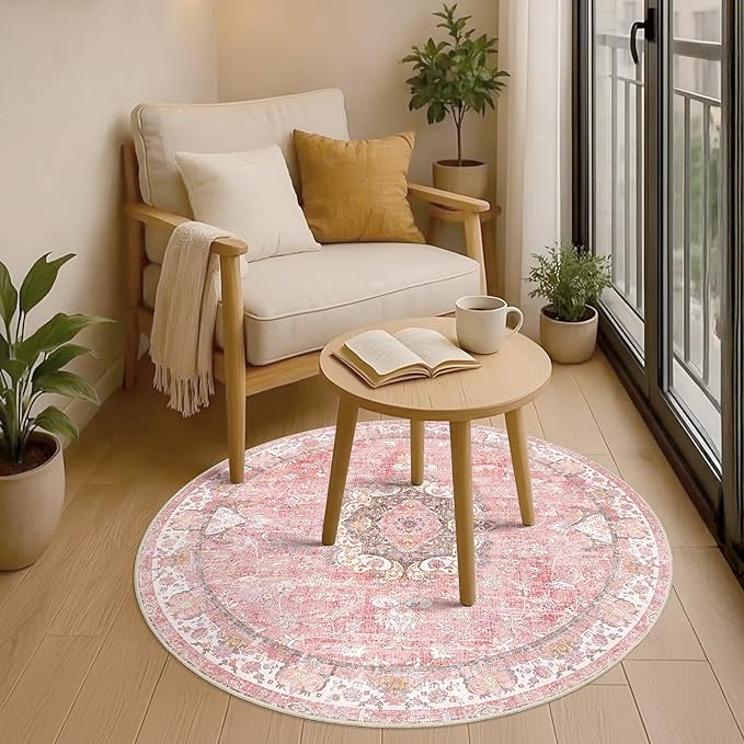 Pink Round Rug 4ft, Circle Washable Area Rugs for Bedroom Bathroom Entryway Kitchen, Small Boho Vintage Bohemian Distressed Oriental Floral Carpet Non Slip,Blush Floral Flowers