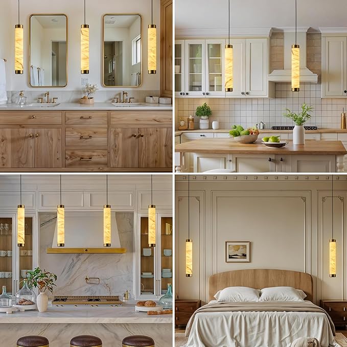 20" Natural Alabaster Pendant Light, Marble Cylinder Brass Pendant Lights, Natural Adjustable Modern Ceiling Light Fixtures for Kitchen Island, Dining Room, Bedroom, Bathroom, Living Room