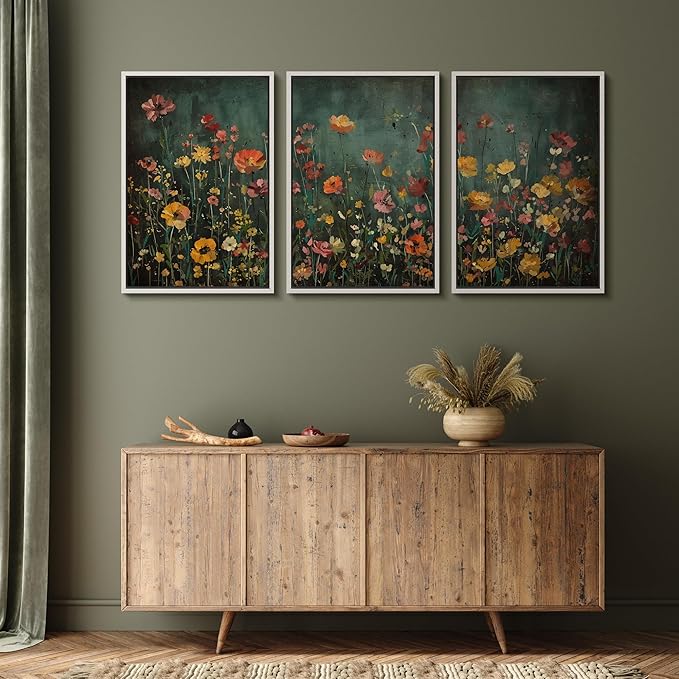 MUDECOR Framed Wall Art Print Set Vintage Wildflower Meadow with Colorful Blooms Illustrations Modern Art Boho Decorative Colorful Chic for Living Room, Bedroom, Office - 24"x36"x3 White