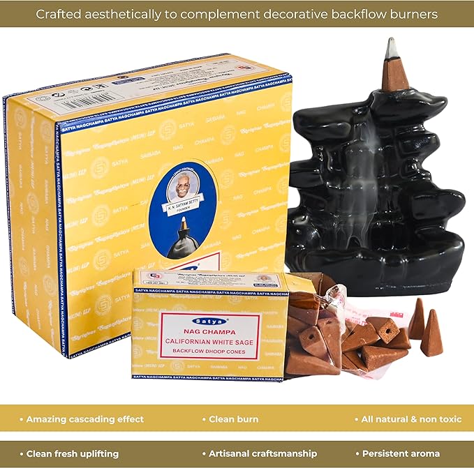 Californian White Sage Backflow Incense Cones for Waterfall Aromatic Smoke Fountain Haze Falls and Mat Bundle - Pack of 12