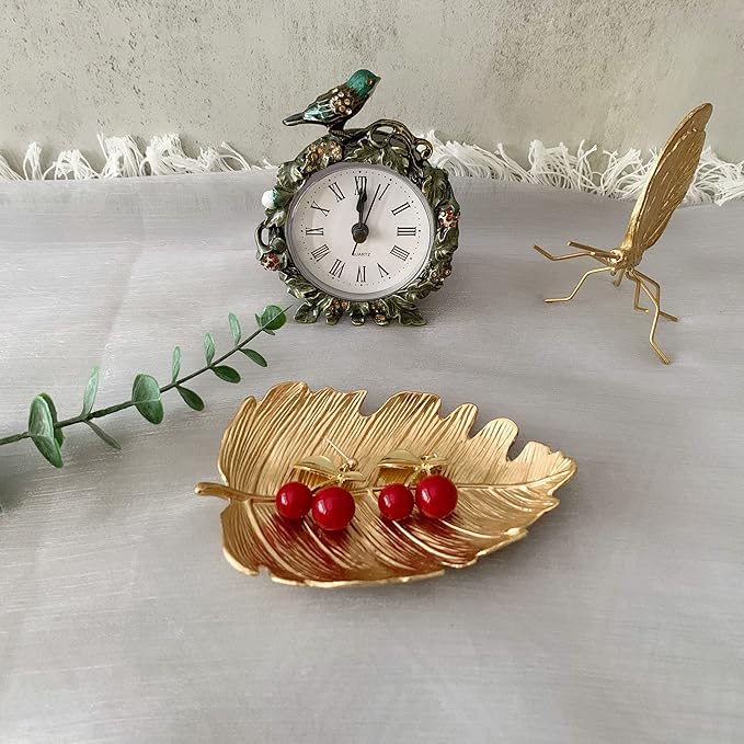 Metal Jewelry Dish, Small Leaf Shaped Ring Holder Jewelry Organizer, Trinket Dish Vanity Tray for Dresser Christmas Birthday Wedding Gifts Elm Leaves-Gold