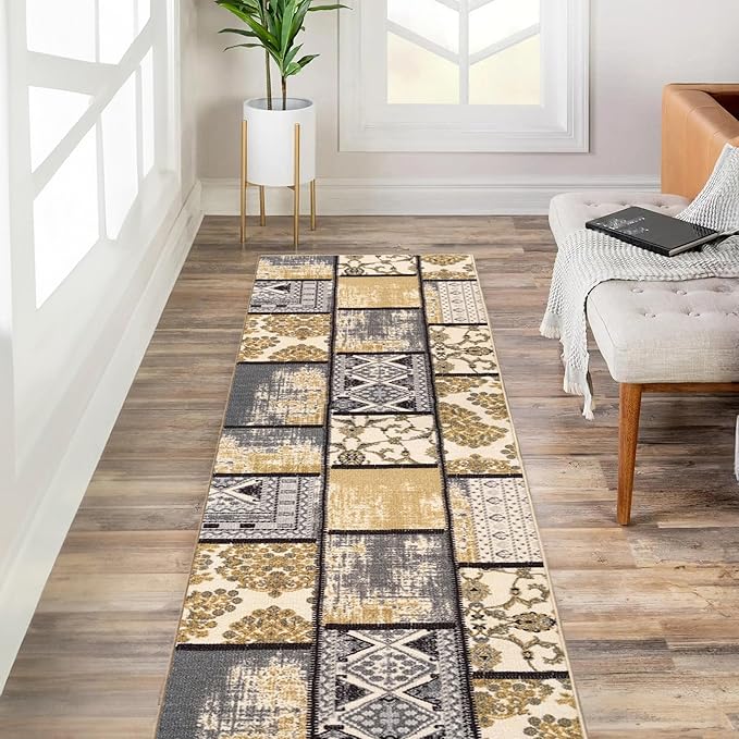 Custom Size Grey Ivory Fancy Patchwork Rubber Backed Non-Slip Hallway Stair Runner Rug Carpet 31 inch Wide Choose Your Length 31in X 19ft