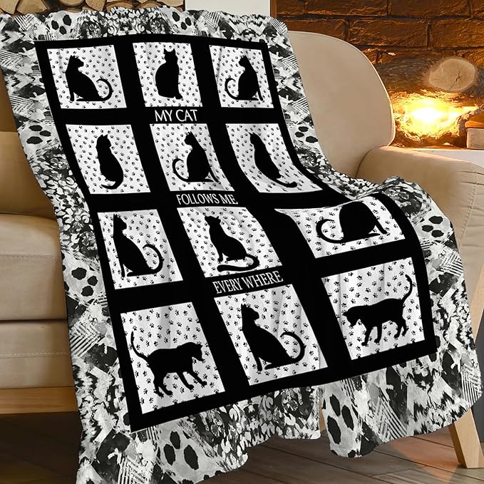 Black Cat Blanket Cat Paw Decor Throw Blanket Super Warm Soft Plush Lightweight Fleece Flannel Black and White Blanket Gifts for Girls Baby Kids Women Boys for Winter Couch Bedding 40"X50"