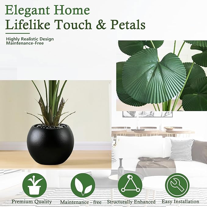 Artificial Fan Palm Tree: 5FT Fake Licuala Ruffled Fan Palm Plant Faux Tropical Plant Realistic Tall Floor Tree in Black Egg-Shaped Pot for Home Decor Office Patio Hotel Garden Indoor Outdoor